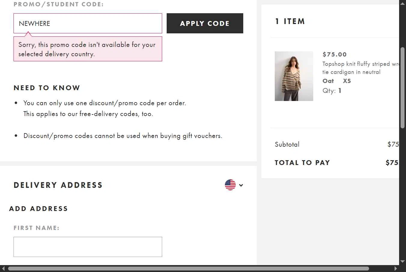 Topshop checkout page showing Topshop promo code box | Screenshot taken by SimplyCodes community member on Feb 23, 2026