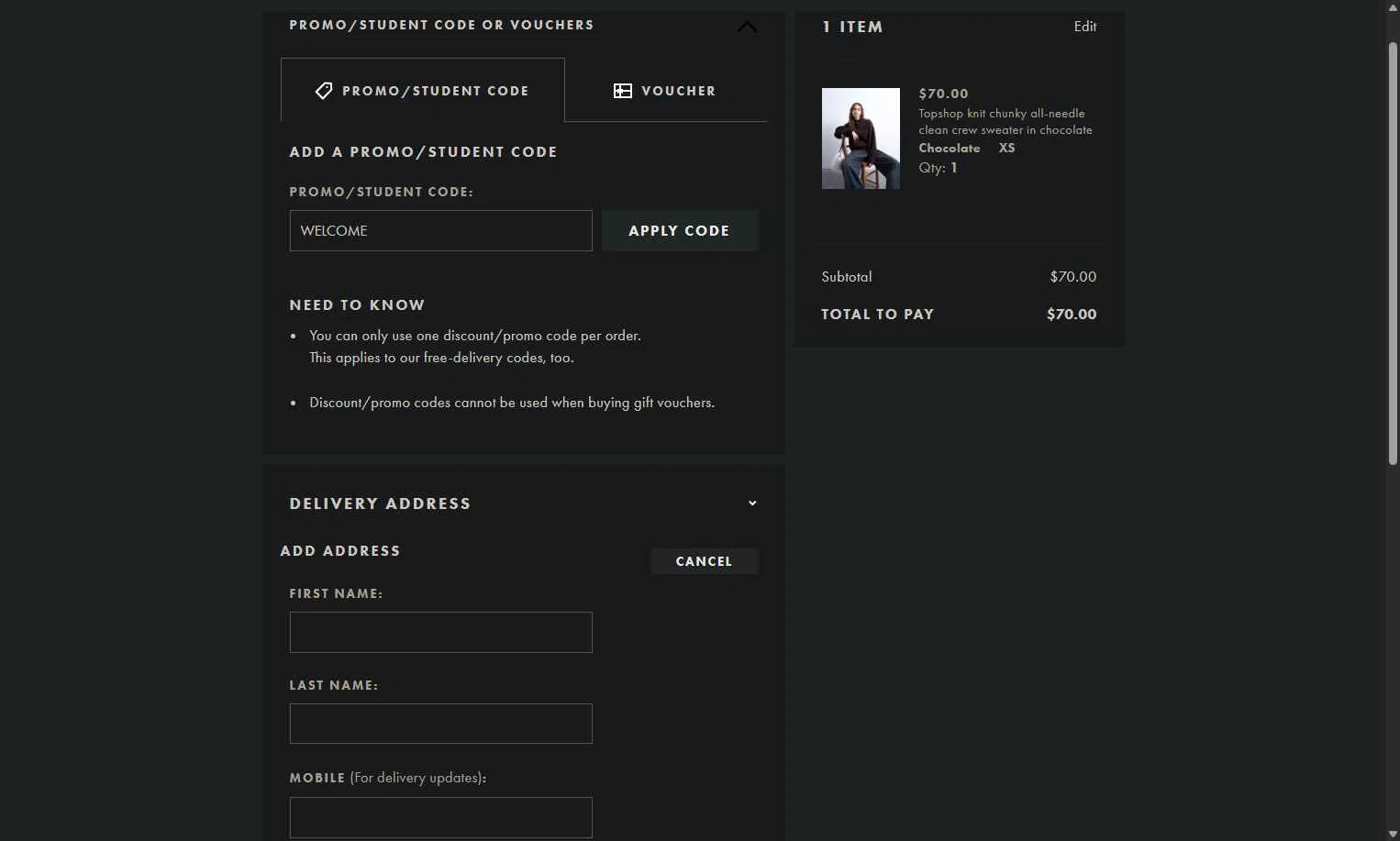 Topshop checkout page showing Topshop promo code box | Screenshot taken by SimplyCodes community member on Dec 25, 2025