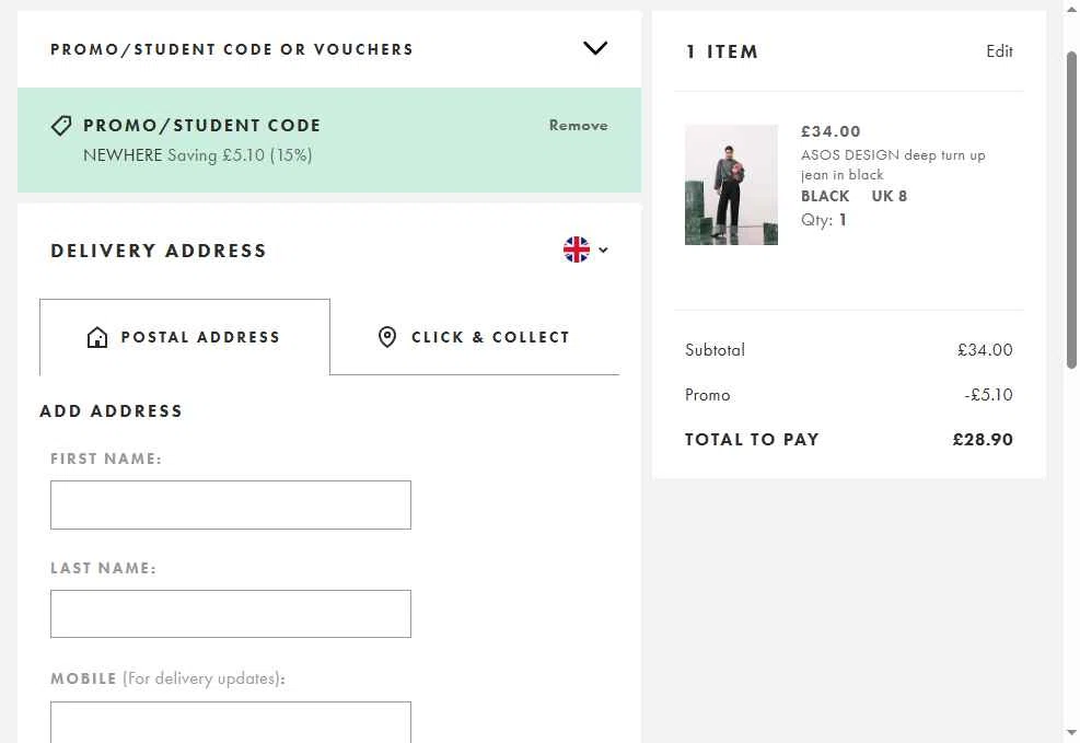 Topshop checkout page showing Topshop promo code box | Screenshot taken by SimplyCodes community member on Jan 21, 2026