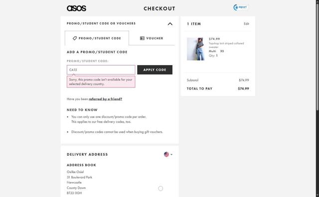 Topshop checkout page showing Topshop promo code box | Screenshot taken by SimplyCodes community member on Aug 22, 2025