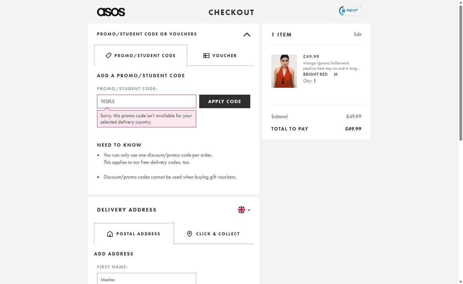Topshop checkout page showing Topshop promo code box | Screenshot taken by SimplyCodes community member on Feb 24, 2026