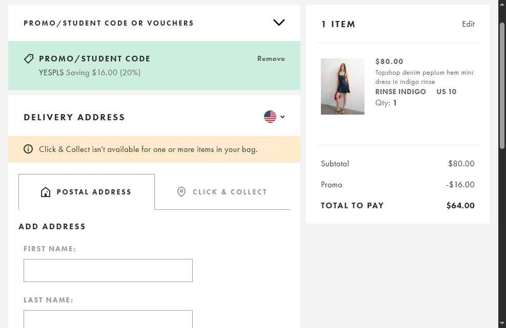 Topshop checkout page showing Topshop promo code box | Screenshot taken by SimplyCodes community member on Feb 25, 2026