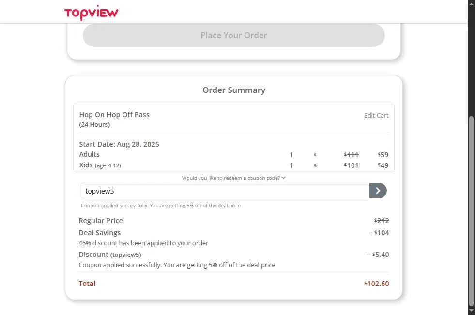 TopView checkout page showing TopView discount code box | Screenshot taken by SimplyCodes community member on Aug 18, 2025