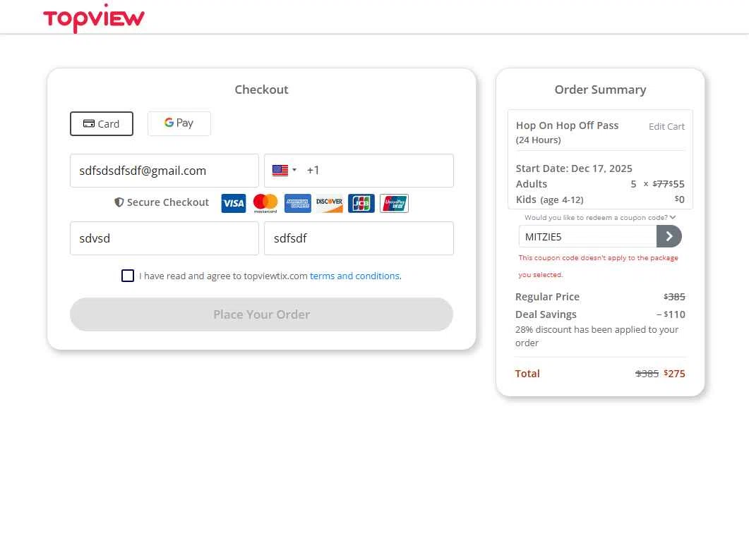 TopView checkout page showing TopView discount code box | Screenshot taken by SimplyCodes community member on Dec 2, 2025