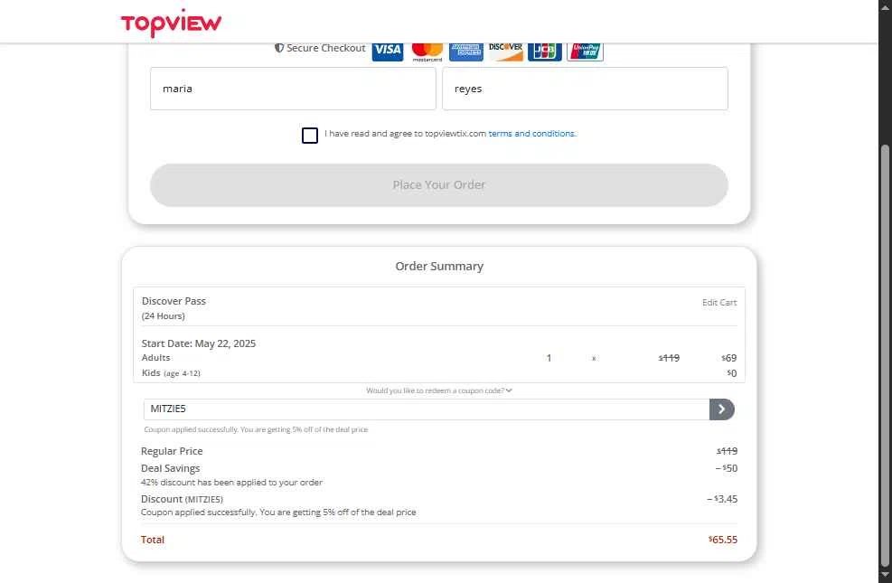 TopView checkout page showing TopView discount code box | Screenshot taken by SimplyCodes community member on May 16, 2025