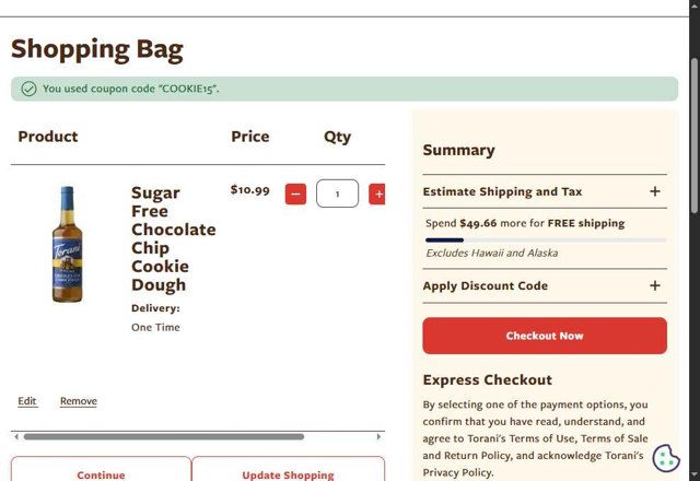 Torani checkout page showing Torani promo code box | Screenshot taken by SimplyCodes community member on Aug 4, 2025