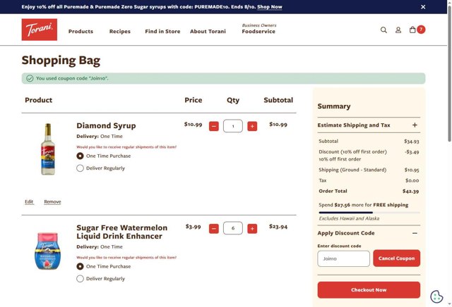 Torani checkout page showing Torani promo code box | Screenshot taken by SimplyCodes community member on Aug 10, 2025