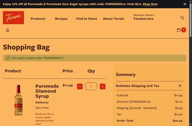Torani checkout page showing Torani promo code box | Screenshot taken by SimplyCodes community member on Aug 7, 2025
