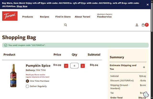 Torani checkout page showing Torani promo code box | Screenshot taken by SimplyCodes community member on Jul 10, 2025