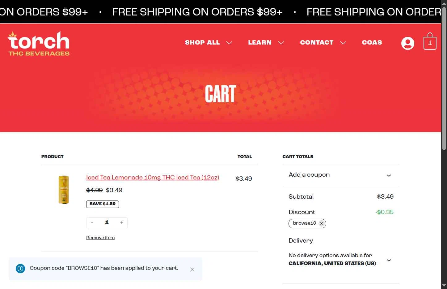 Torch Drinks checkout page showing Torch Drinks promo code box | Screenshot taken by SimplyCodes community member on Dec 20, 2025