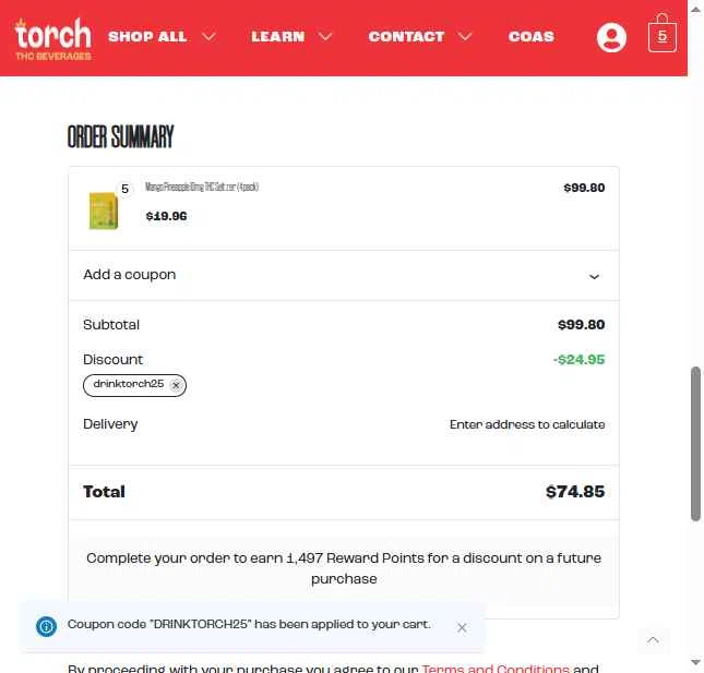 Torch Drinks checkout page showing Torch Drinks promo code box | Screenshot taken by SimplyCodes community member on Dec 2, 2025