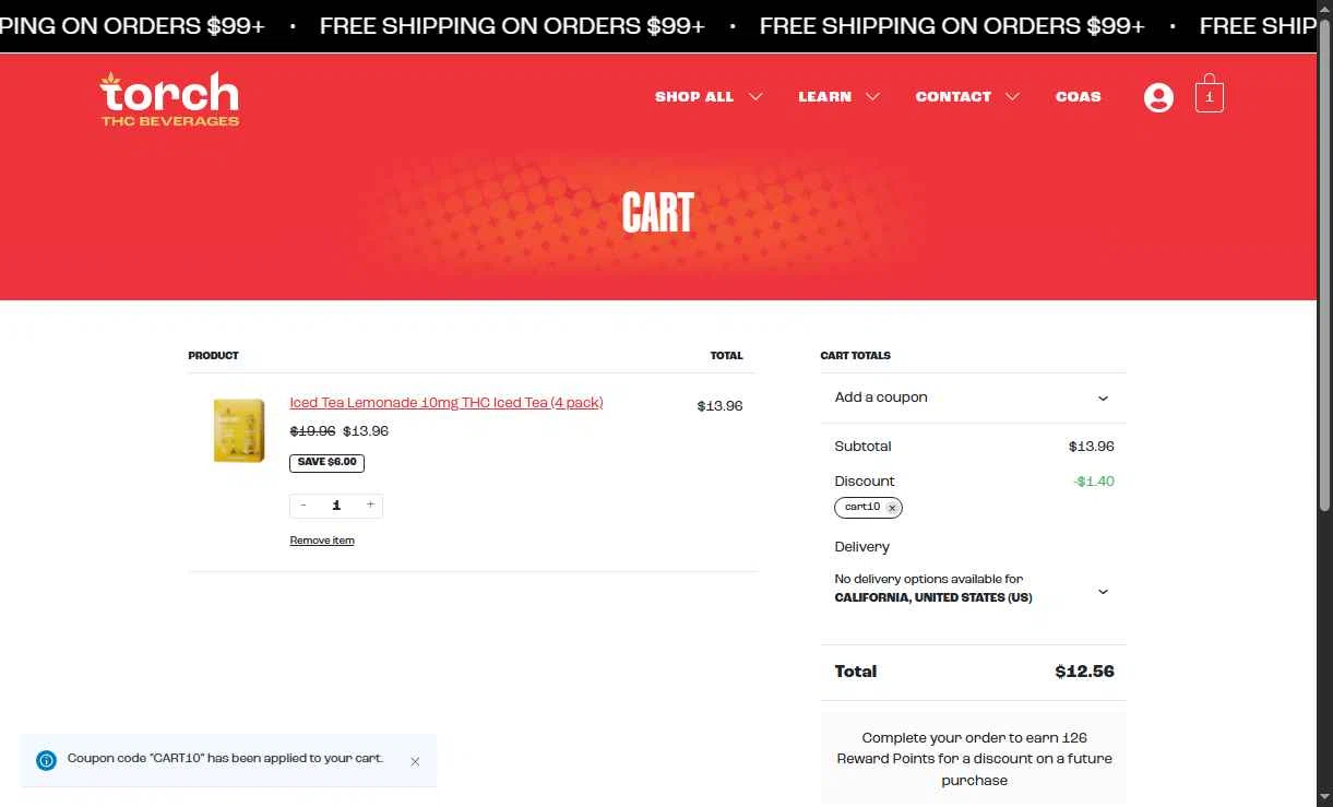 Torch Drinks checkout page showing Torch Drinks promo code box | Screenshot taken by SimplyCodes community member on Dec 21, 2025