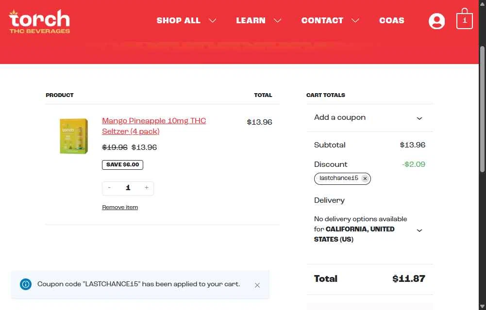 Torch Drinks checkout page showing Torch Drinks promo code box | Screenshot taken by SimplyCodes community member on Dec 21, 2025