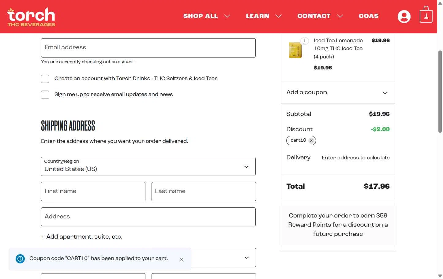 Torch Drinks checkout page showing Torch Drinks promo code box | Screenshot taken by SimplyCodes community member on Nov 22, 2025