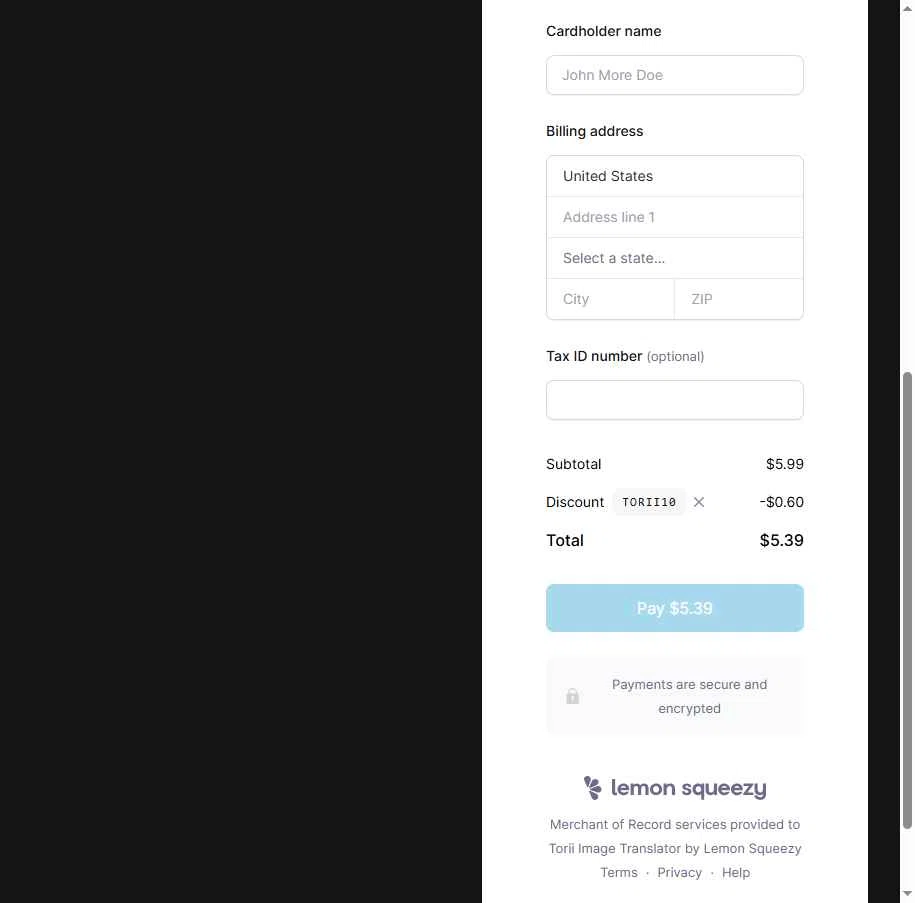 Torii Image Translator checkout page showing Torii Image Translator promo code box | Screenshot taken by SimplyCodes community member on Jun 30, 2025