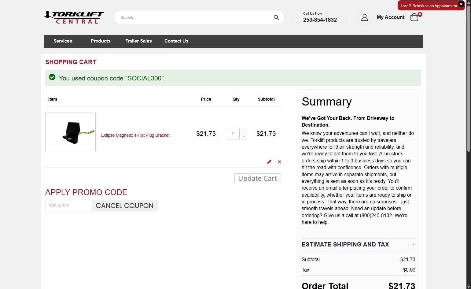 Torklift Central checkout page showing Torklift Central discount code box | Screenshot taken by SimplyCodes community member on Feb 1, 2026