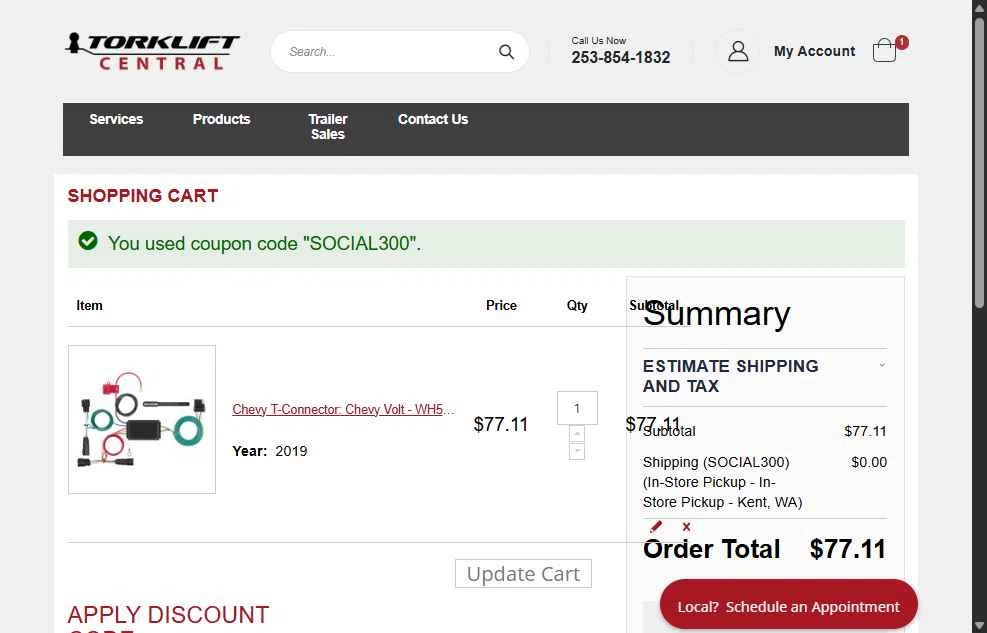 Torklift Central checkout page showing Torklift Central discount code box | Screenshot taken by SimplyCodes community member on Aug 16, 2025
