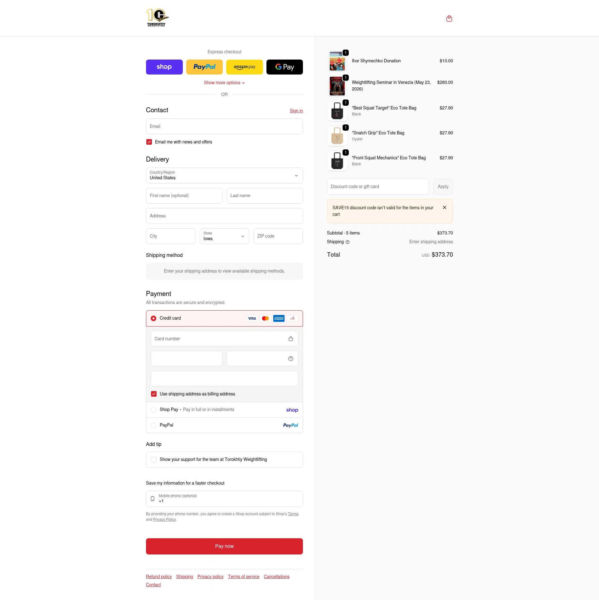 Torokhtiy Weightlifting checkout page showing Torokhtiy Weightlifting promo code box | Screenshot taken by SimplyCodes community member on Feb 1, 2026