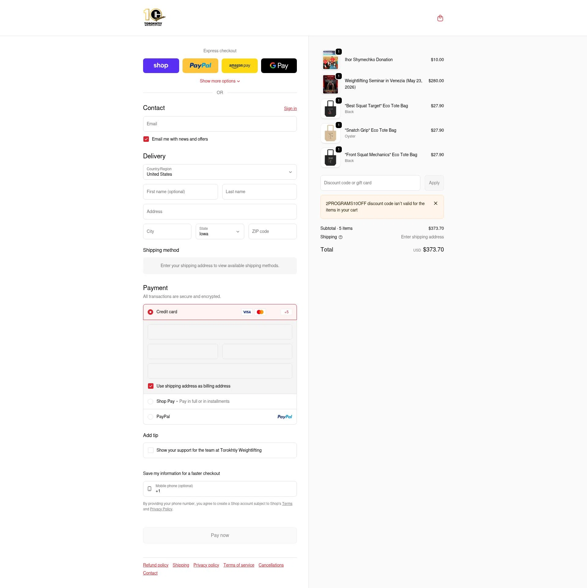 Torokhtiy Weightlifting checkout page showing Torokhtiy Weightlifting promo code box | Screenshot taken by SimplyCodes community member on Feb 5, 2026