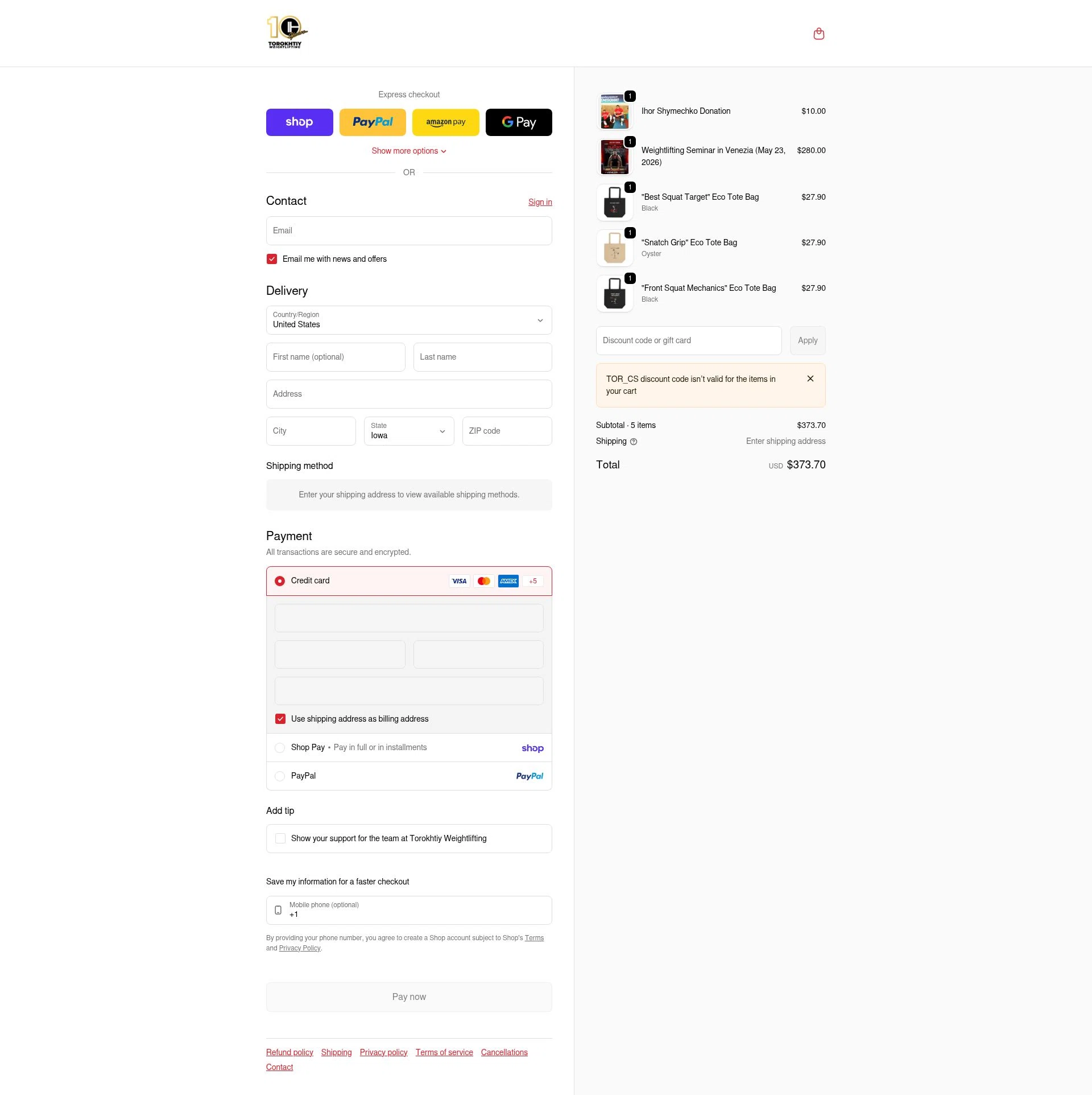 Torokhtiy Weightlifting checkout page showing Torokhtiy Weightlifting promo code box | Screenshot taken by SimplyCodes community member on Feb 5, 2026