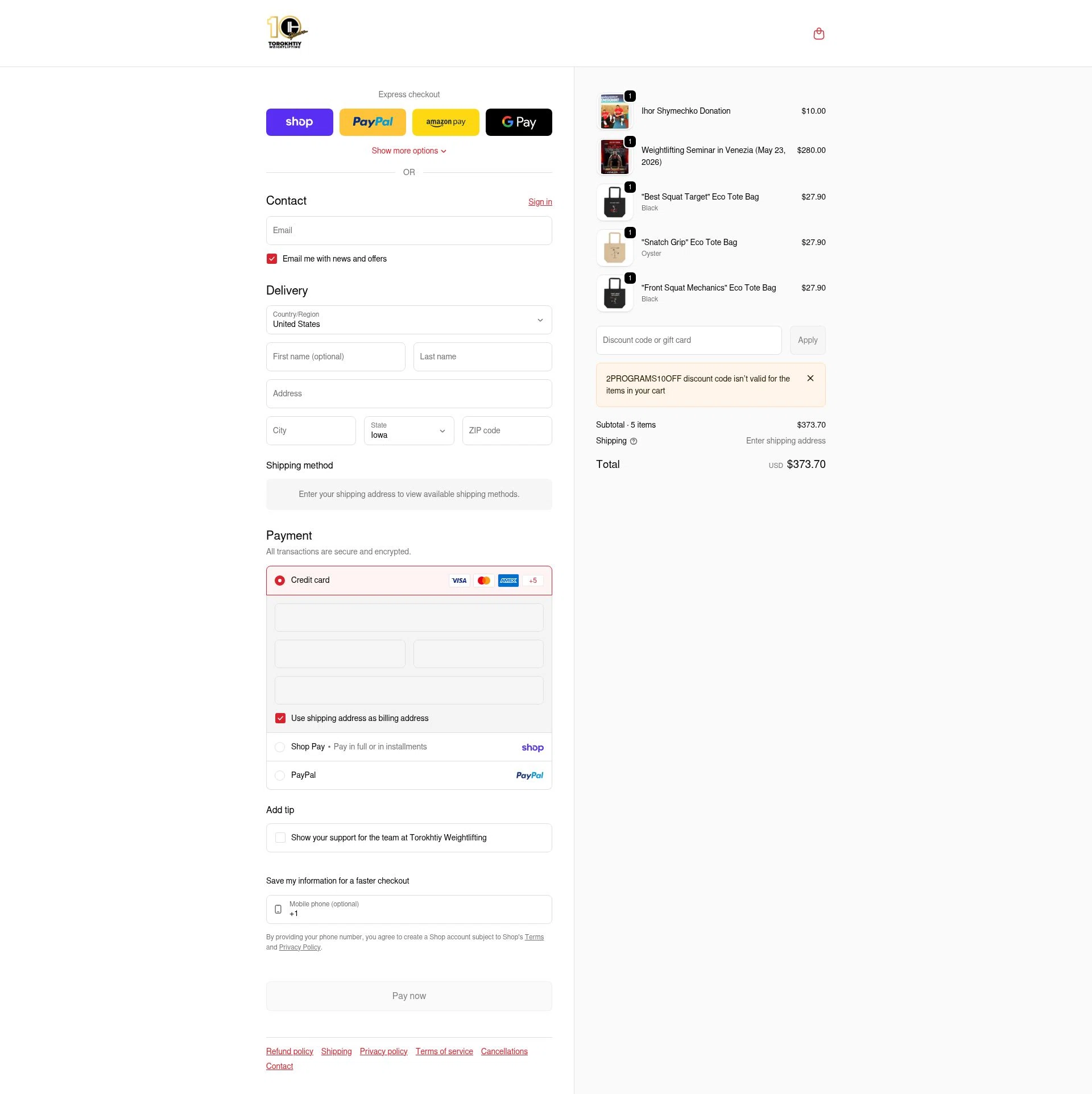 Torokhtiy Weightlifting checkout page showing Torokhtiy Weightlifting promo code box | Screenshot taken by SimplyCodes community member on Feb 9, 2026