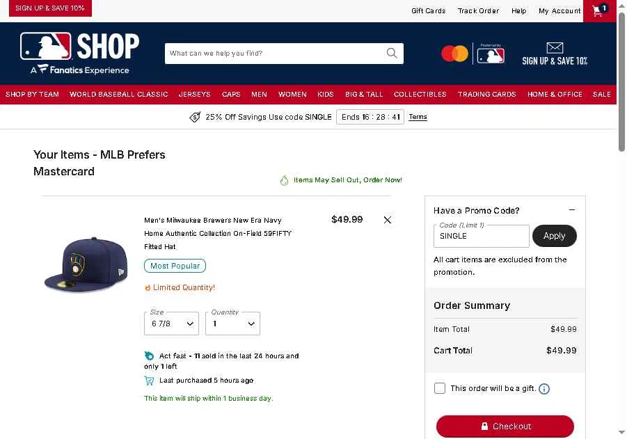 Toronto Blue Jays checkout page showing Toronto Blue Jays promo code box | Screenshot taken by SimplyCodes community member on Feb 10, 2026