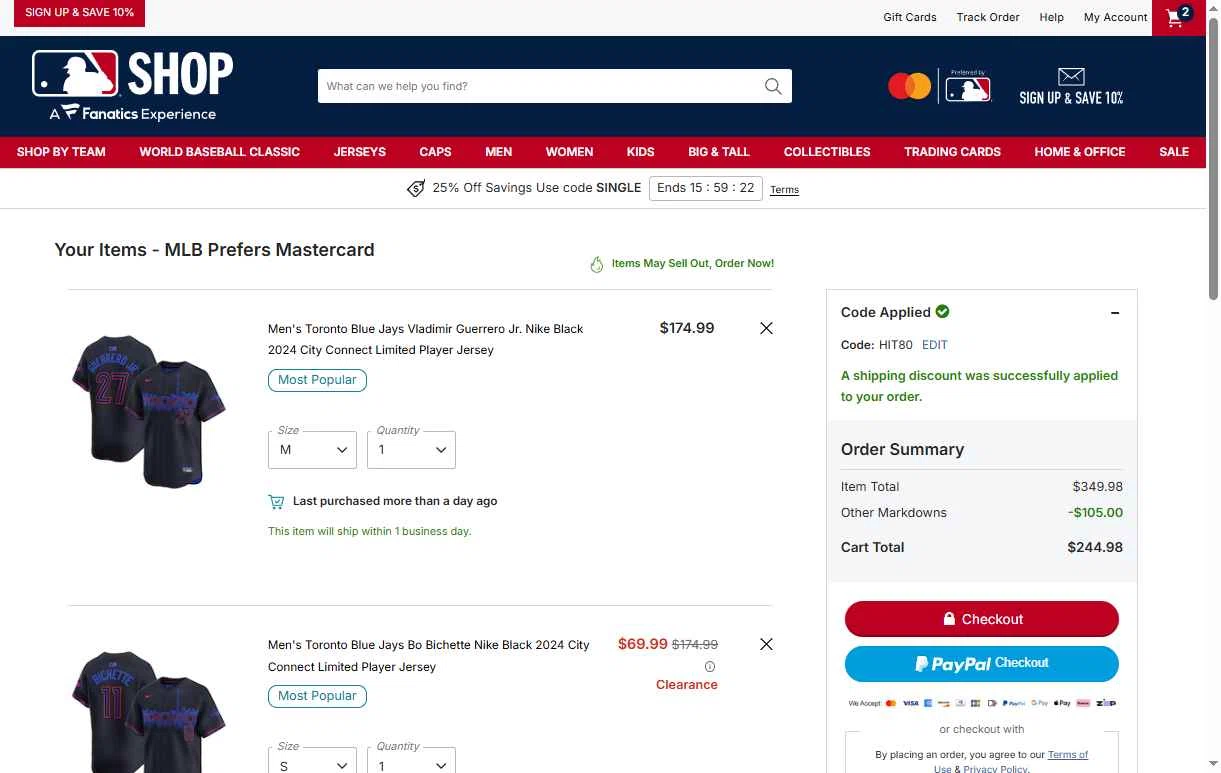 Toronto Blue Jays checkout page showing Toronto Blue Jays promo code box | Screenshot taken by SimplyCodes community member on Feb 10, 2026
