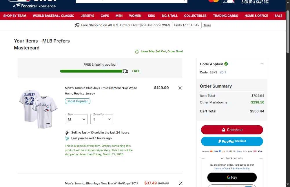 Toronto Blue Jays checkout page showing Toronto Blue Jays promo code box | Screenshot taken by SimplyCodes community member on Feb 12, 2026