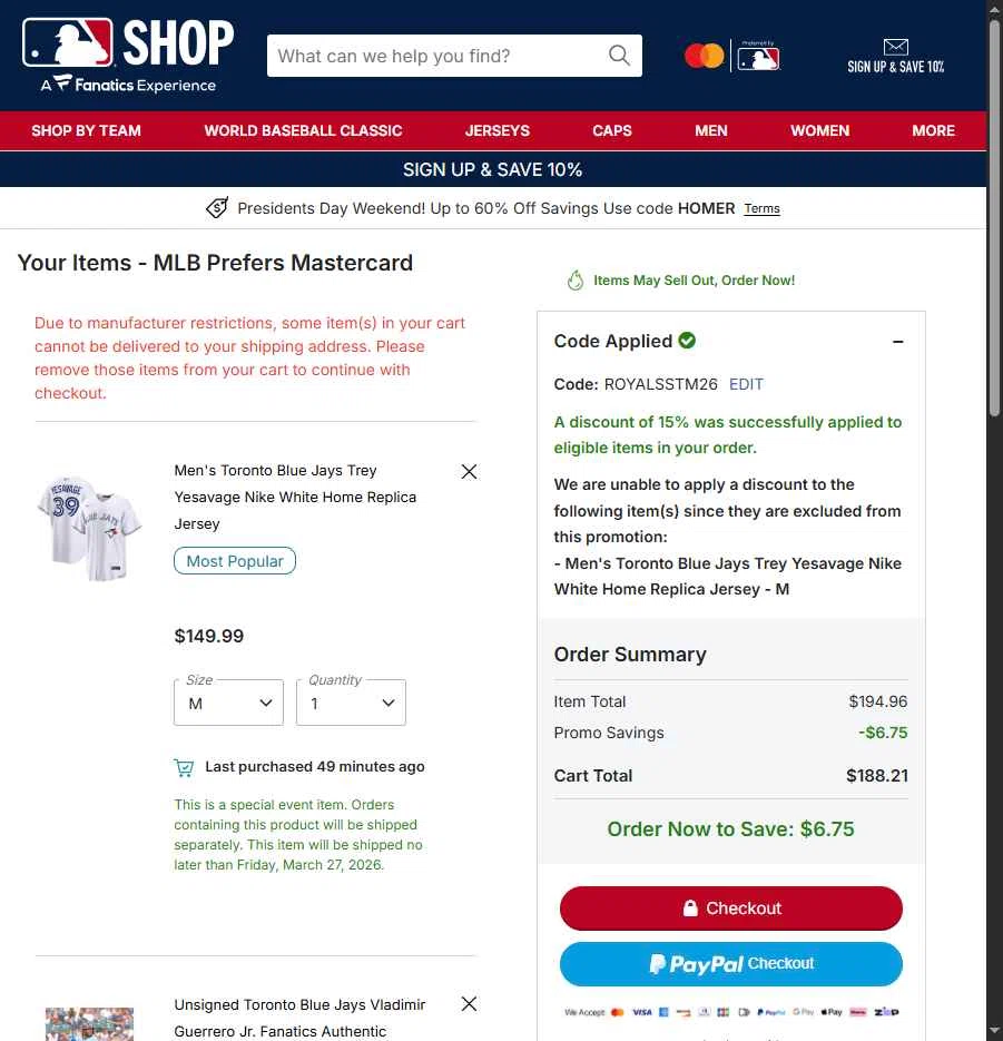 Toronto Blue Jays checkout page showing Toronto Blue Jays promo code box | Screenshot taken by SimplyCodes community member on Feb 15, 2026