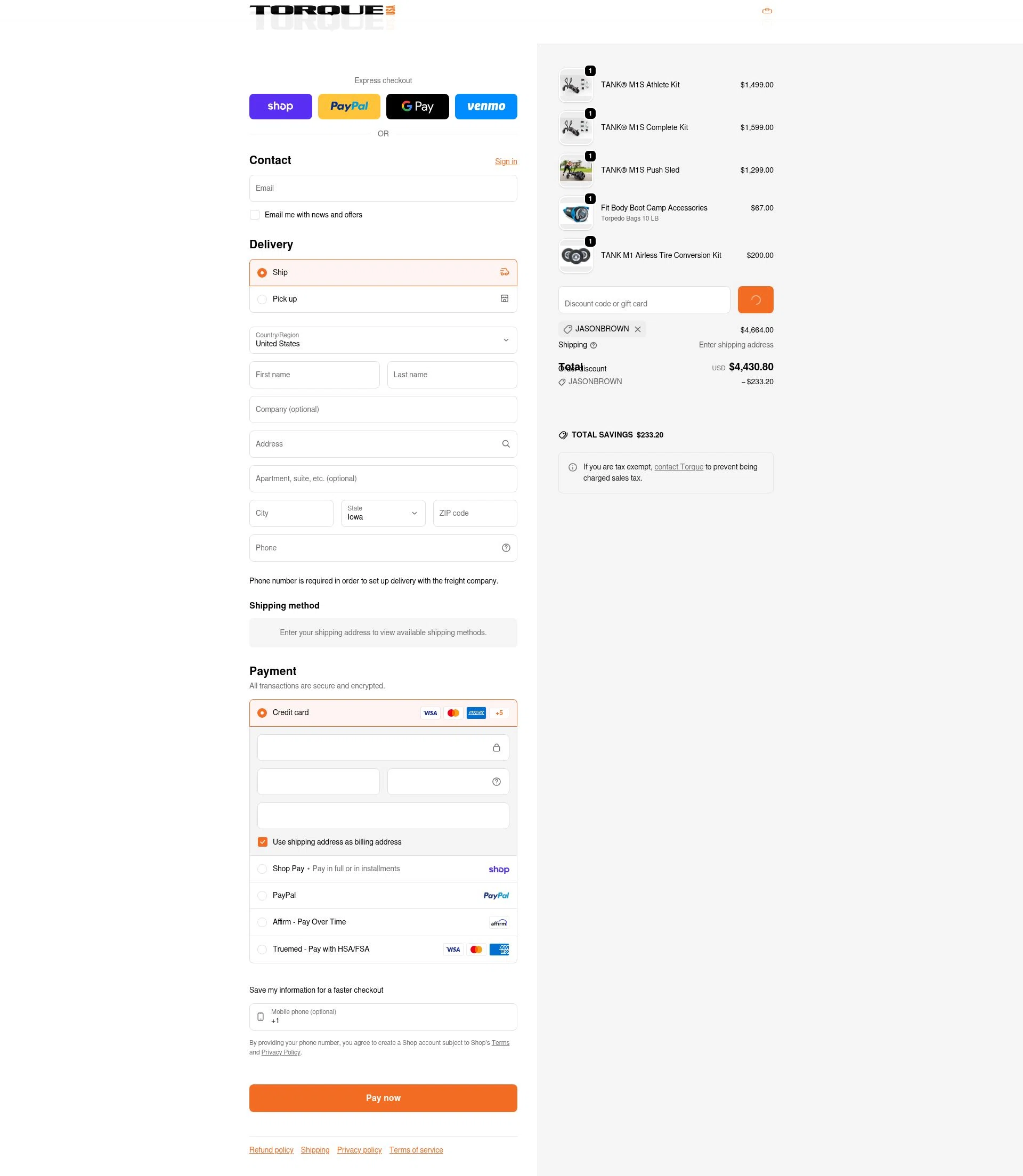 Torque Fitness checkout page showing Torque Fitness discount code box | Screenshot taken by SimplyCodes community member on Feb 8, 2026