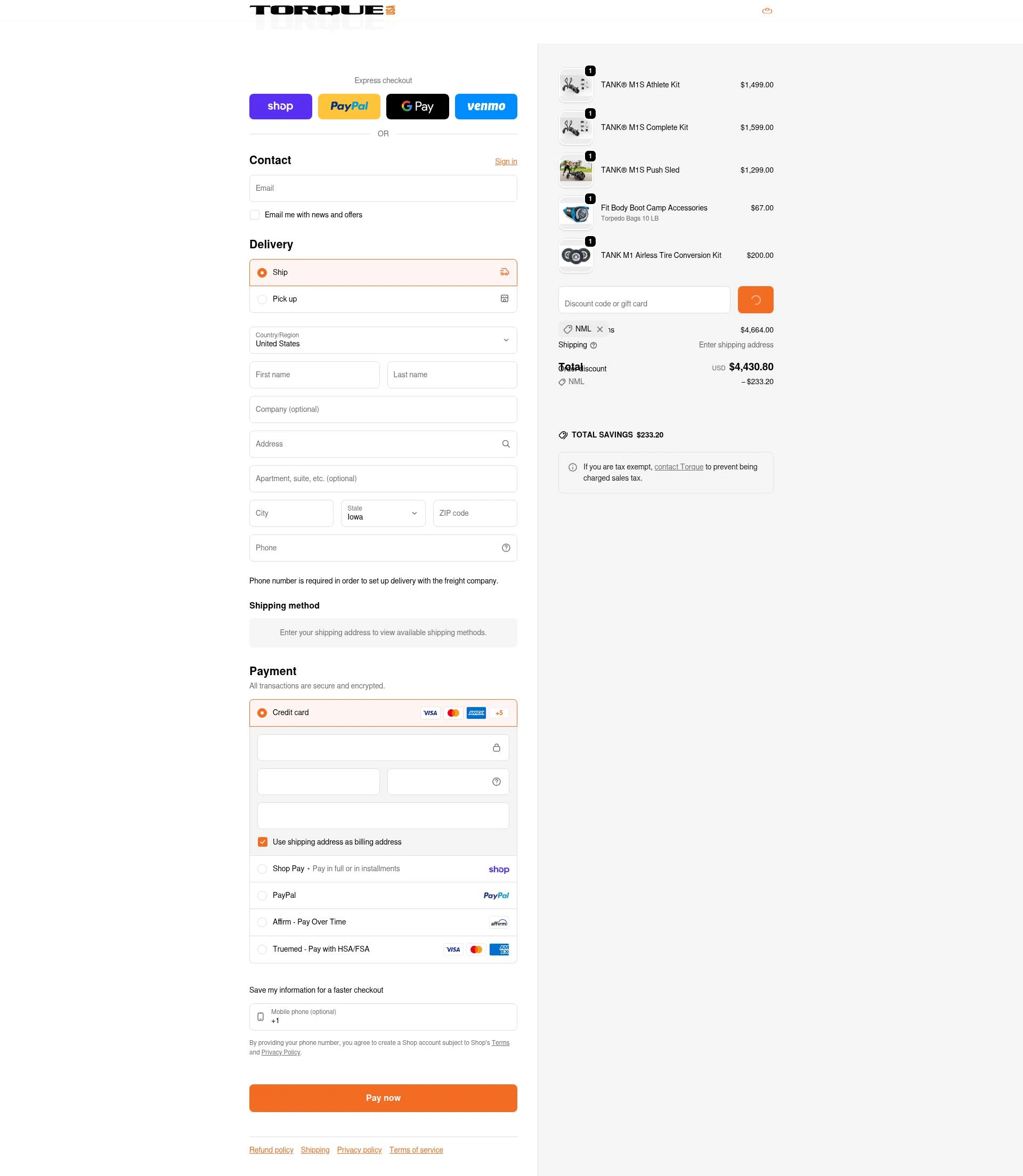 Torque Fitness checkout page showing Torque Fitness discount code box | Screenshot taken by SimplyCodes community member on Feb 4, 2026