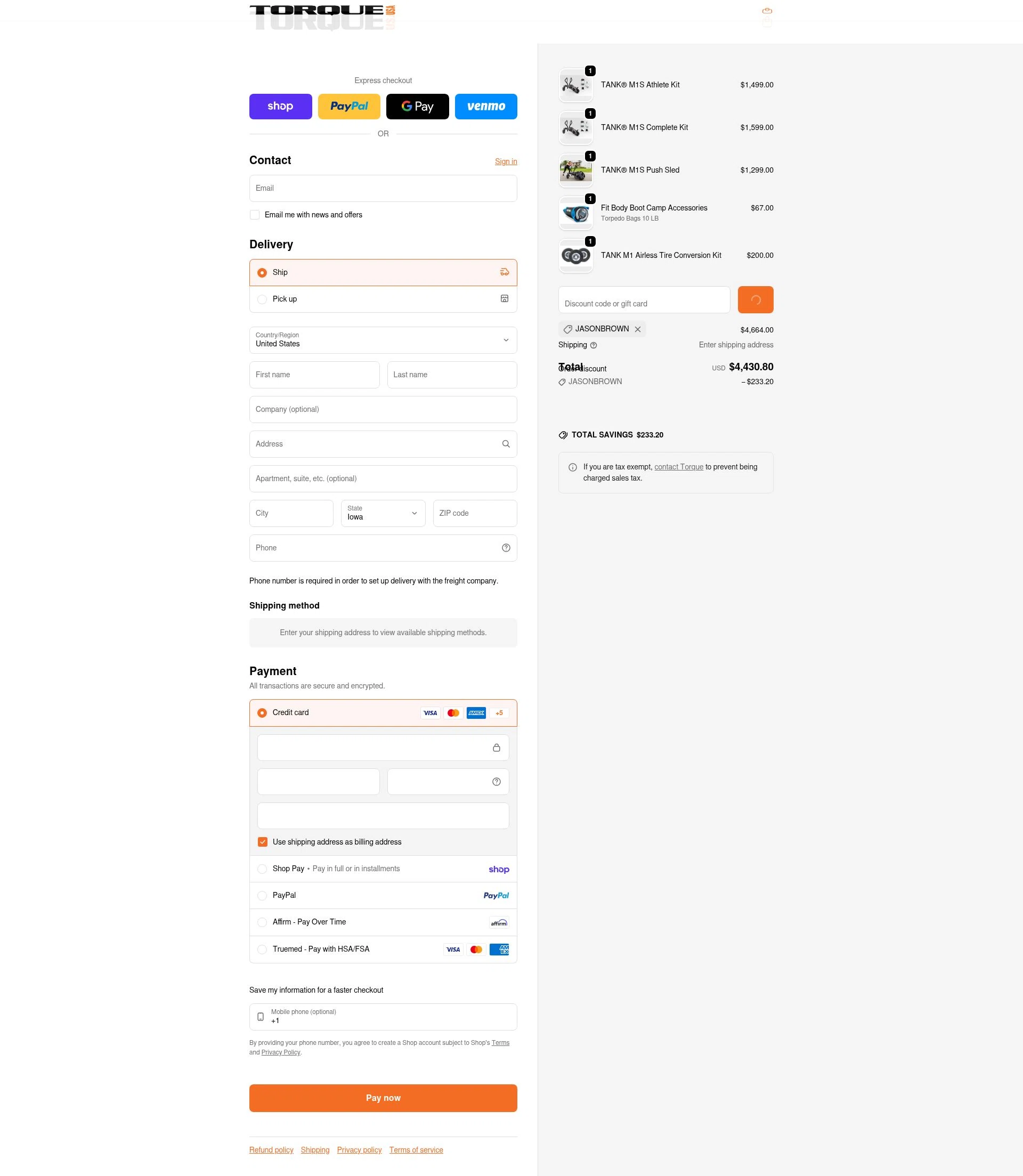 Torque Fitness checkout page showing Torque Fitness discount code box | Screenshot taken by SimplyCodes community member on Feb 12, 2026
