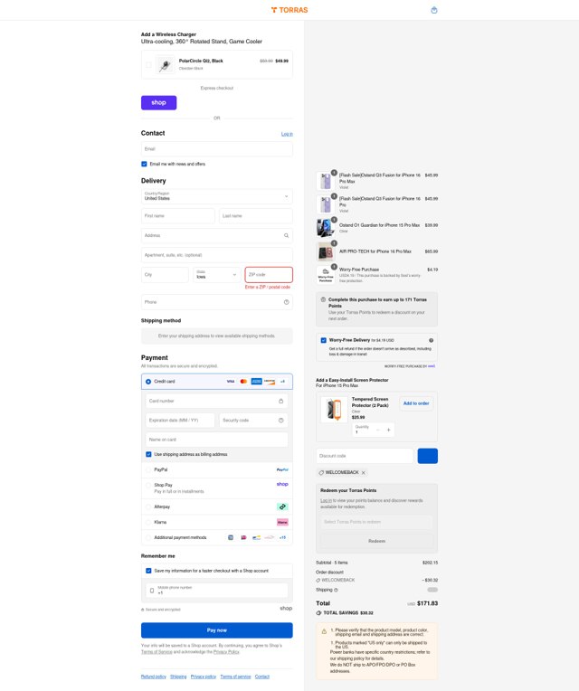 Torras Life checkout page showing Torras Life promo code box | Screenshot taken by SimplyCodes community member on Sep 2, 2025