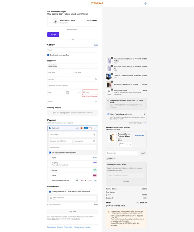 Torras Life checkout page showing Torras Life promo code box | Screenshot taken by SimplyCodes community member on Sep 2, 2025