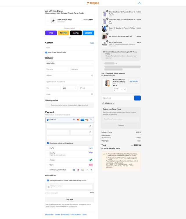 Torras Life checkout page showing Torras Life promo code box | Screenshot taken by SimplyCodes community member on Sep 2, 2025