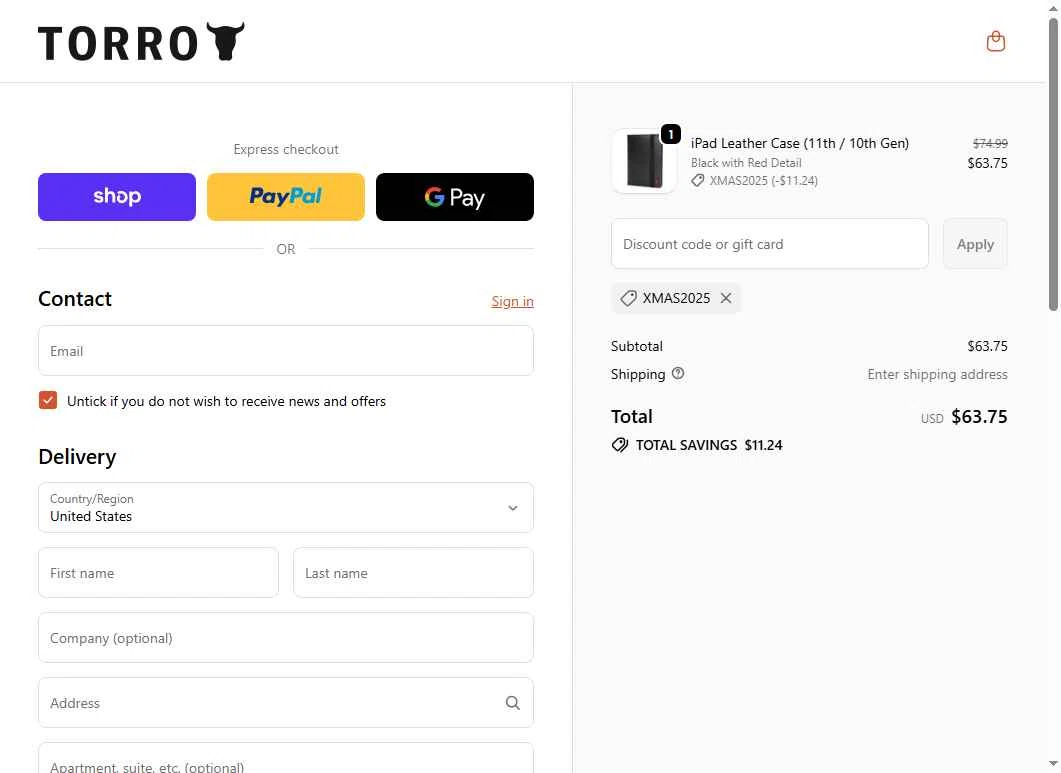 TORRO USA checkout page showing TORRO USA promo code box | Screenshot taken by SimplyCodes community member on Dec 25, 2025