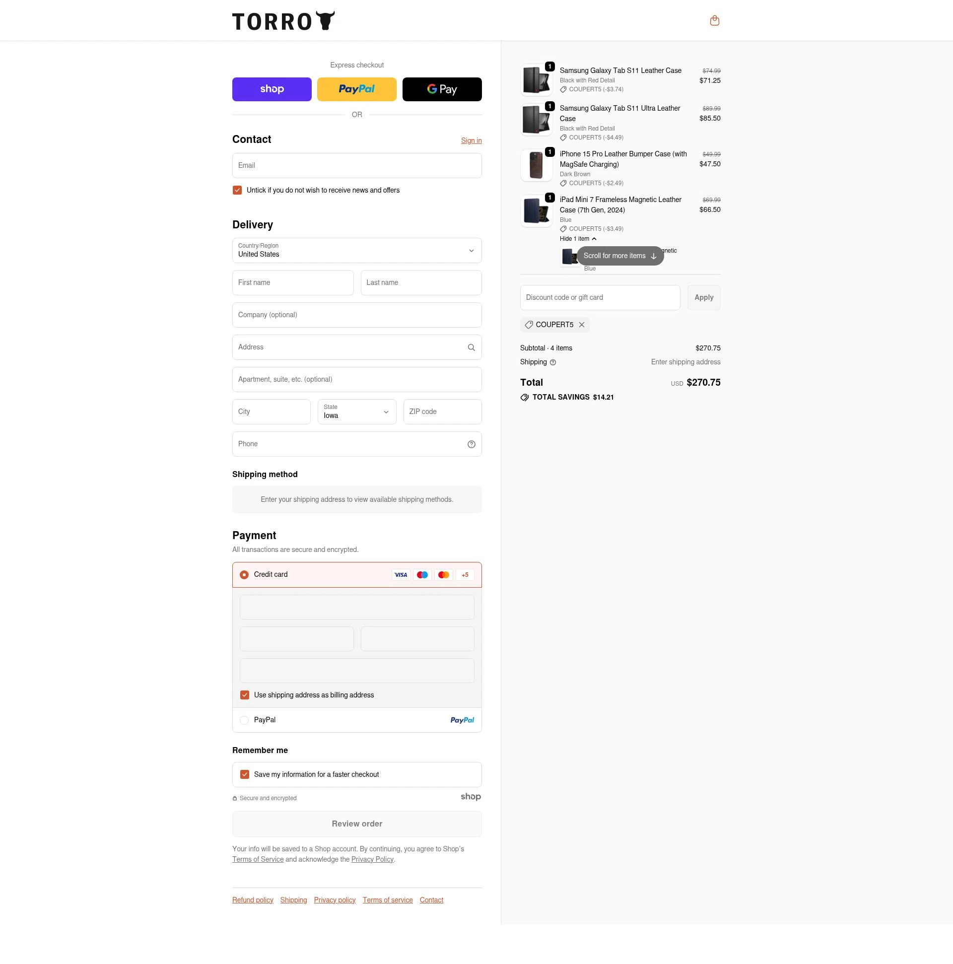 TORRO USA checkout page showing TORRO USA promo code box | Screenshot taken by SimplyCodes community member on Dec 15, 2025