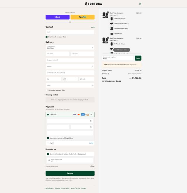 Tortuga checkout page showing Tortuga discount code box | Screenshot taken by SimplyCodes community member on Sep 8, 2025
