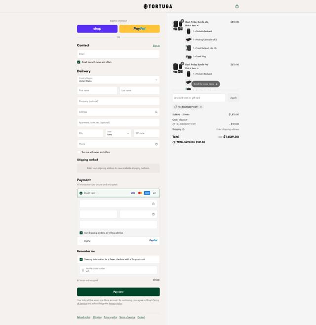 Tortuga checkout page showing Tortuga discount code box | Screenshot taken by SimplyCodes community member on Sep 12, 2025