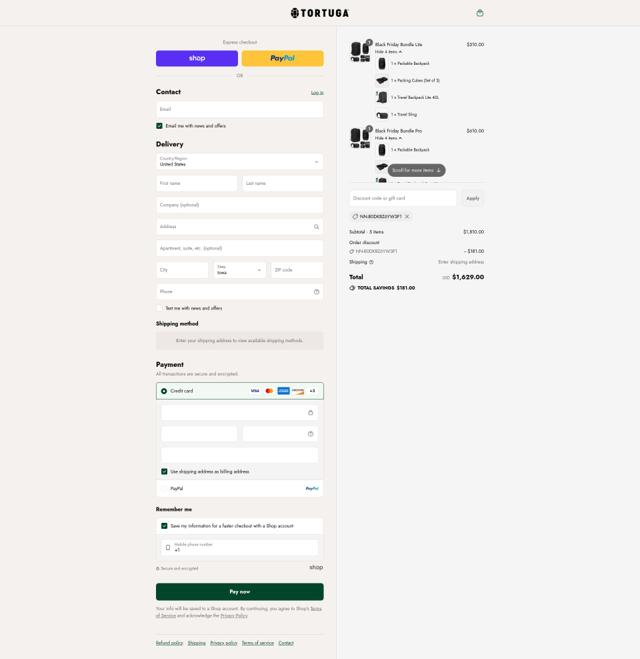 Tortuga checkout page showing Tortuga discount code box | Screenshot taken by SimplyCodes community member on Sep 8, 2025