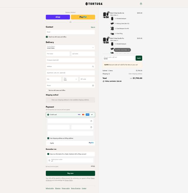 Tortuga checkout page showing Tortuga discount code box | Screenshot taken by SimplyCodes community member on Sep 17, 2025