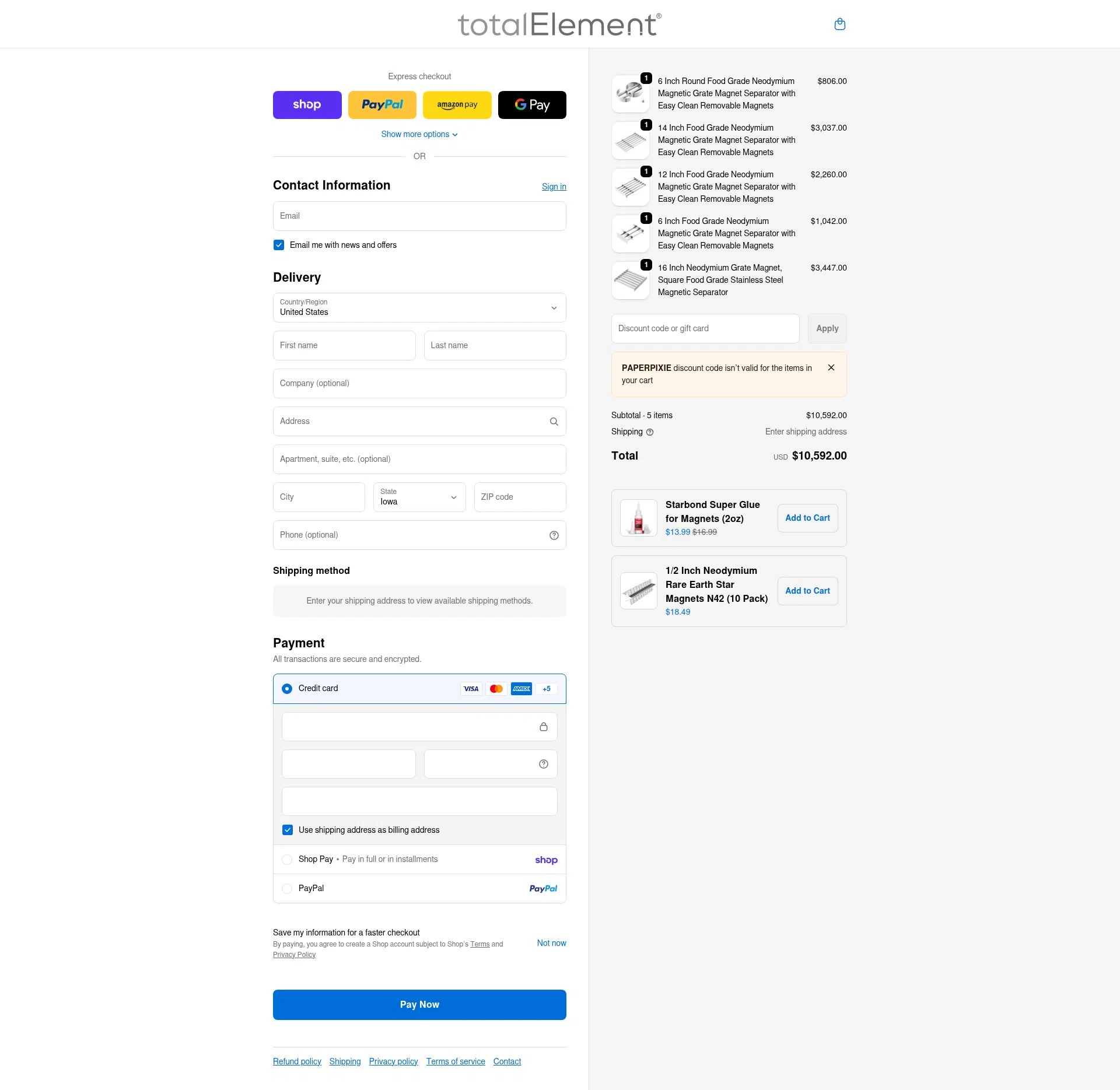totalElement checkout page showing totalElement discount code box | Screenshot taken by SimplyCodes community member on Feb 16, 2026