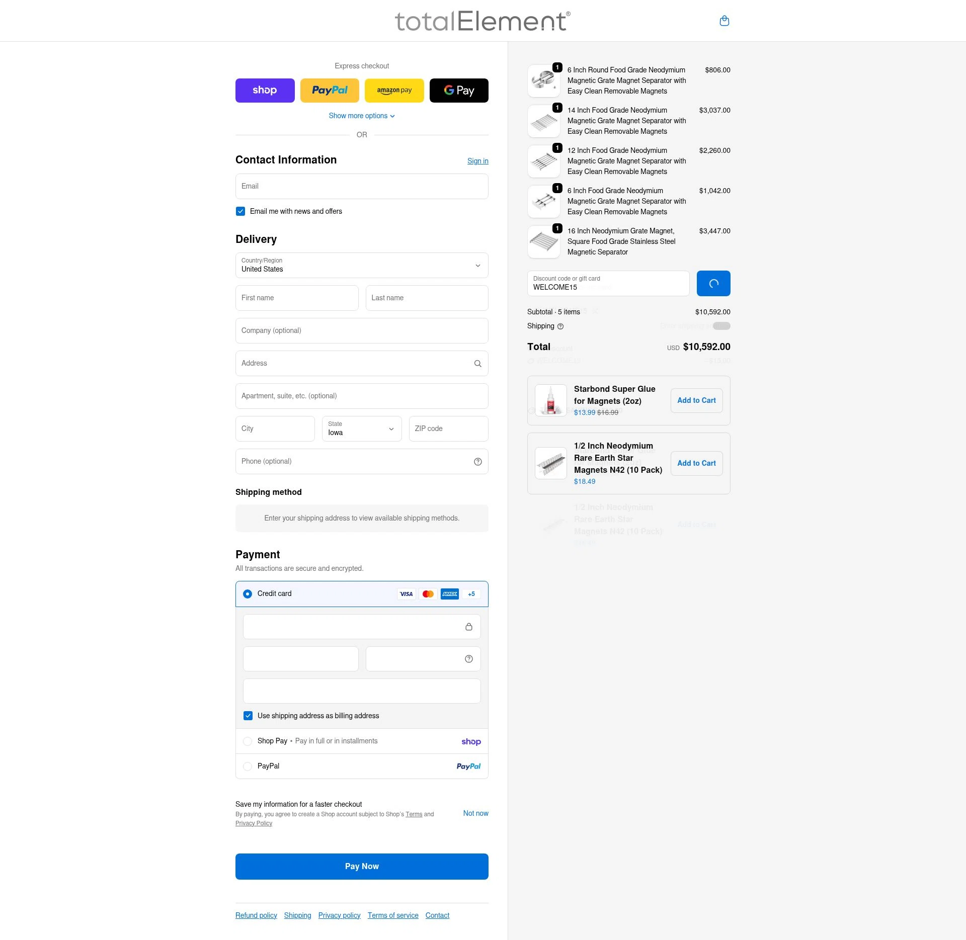 totalElement checkout page showing totalElement discount code box | Screenshot taken by SimplyCodes community member on Feb 16, 2026