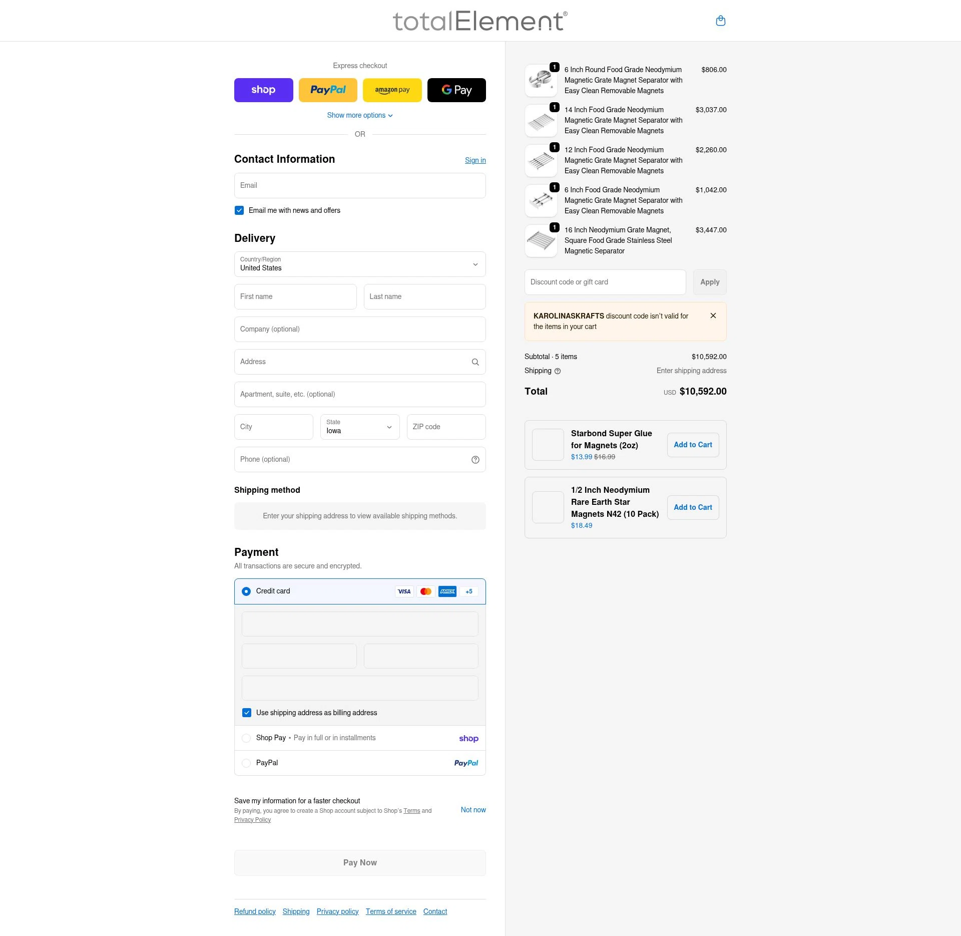 totalElement checkout page showing totalElement discount code box | Screenshot taken by SimplyCodes community member on Feb 16, 2026