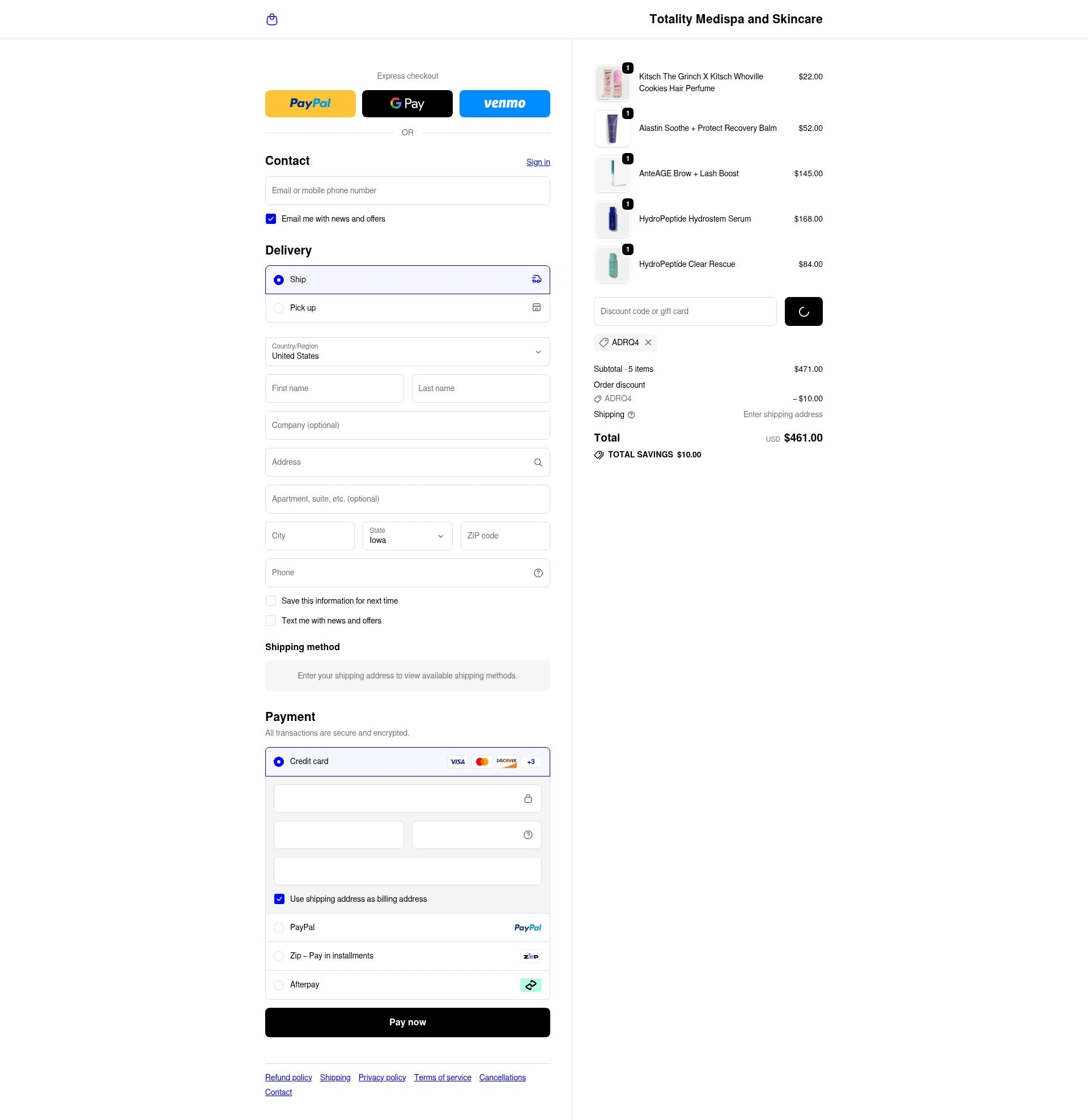 Totality Skin Care checkout page showing Totality Skin Care promo code box | Screenshot taken by SimplyCodes community member on Jan 8, 2026