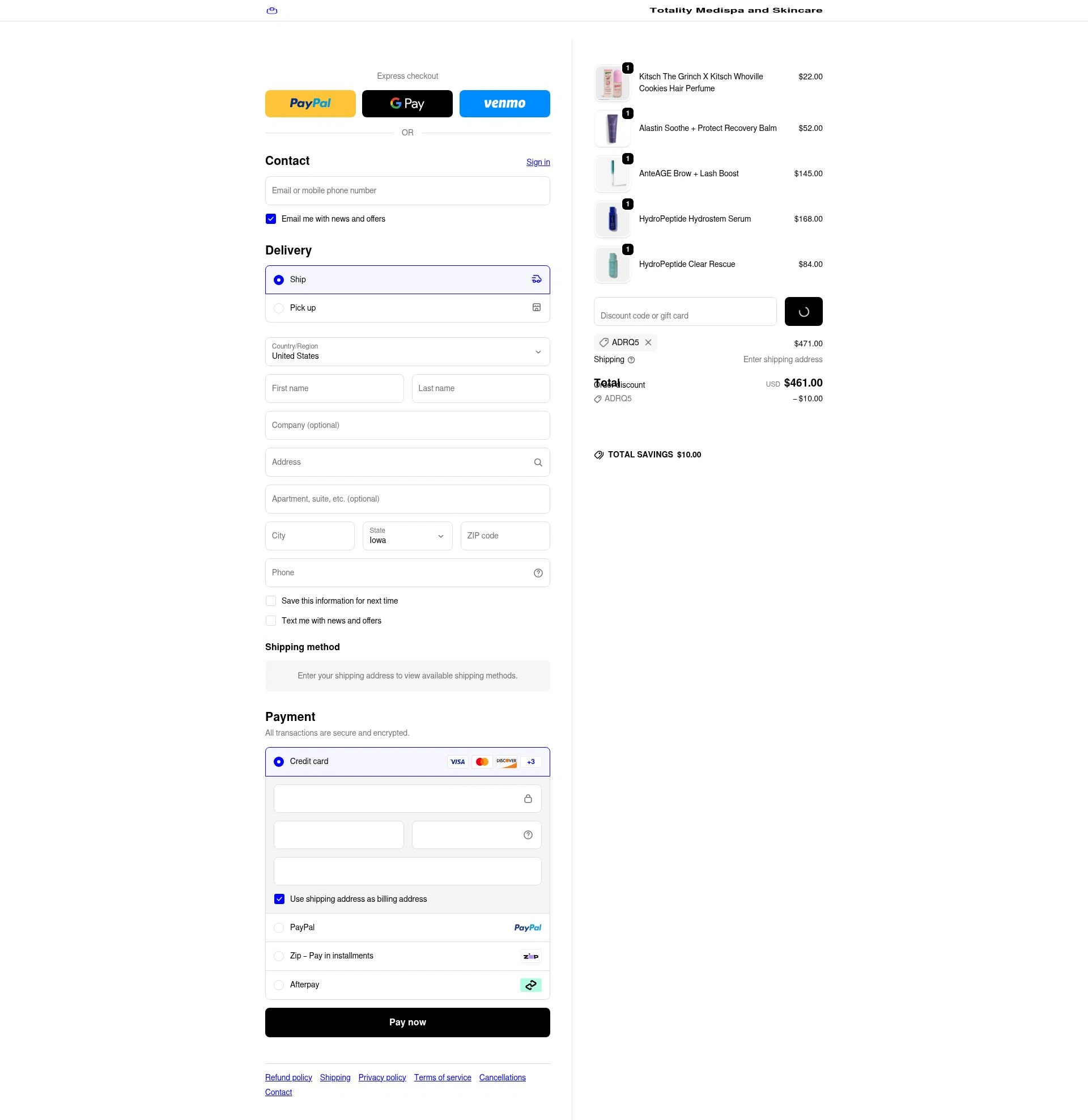 Totality Skin Care checkout page showing Totality Skin Care promo code box | Screenshot taken by SimplyCodes community member on Jan 8, 2026