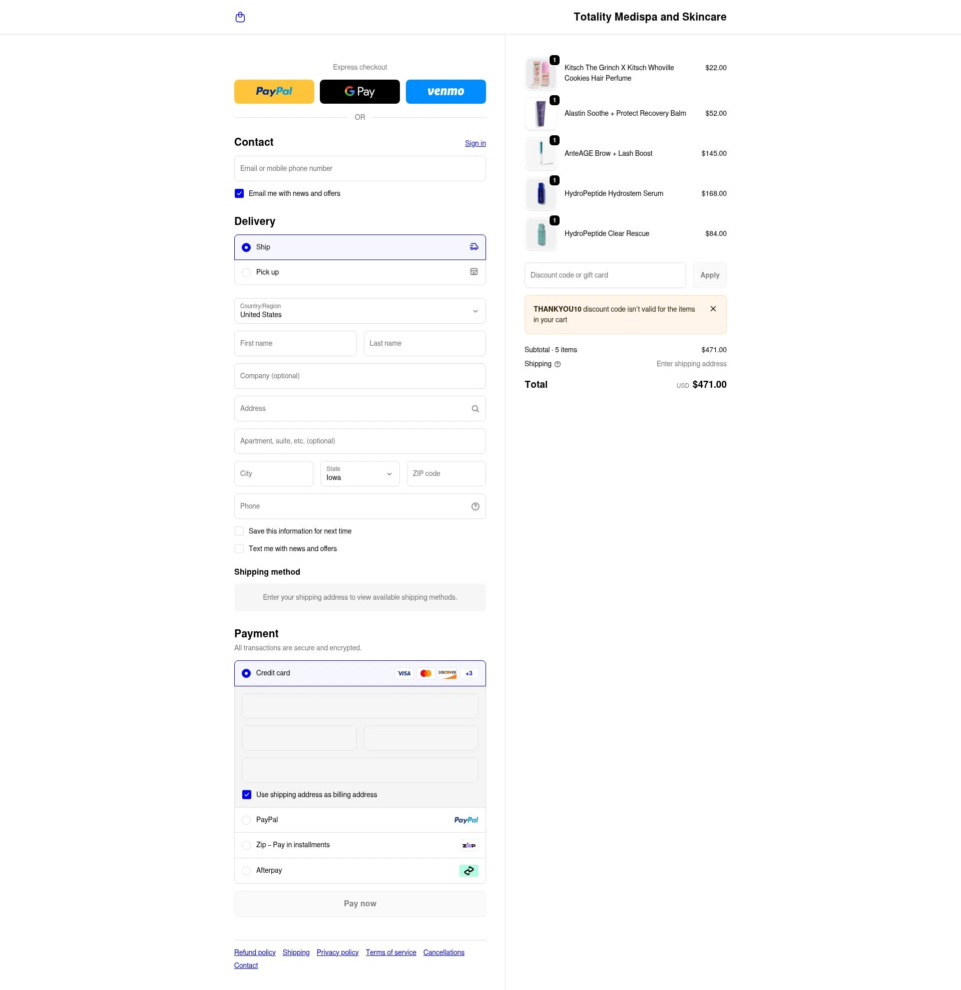 Totality Skin Care checkout page showing Totality Skin Care promo code box | Screenshot taken by SimplyCodes community member on Jan 8, 2026