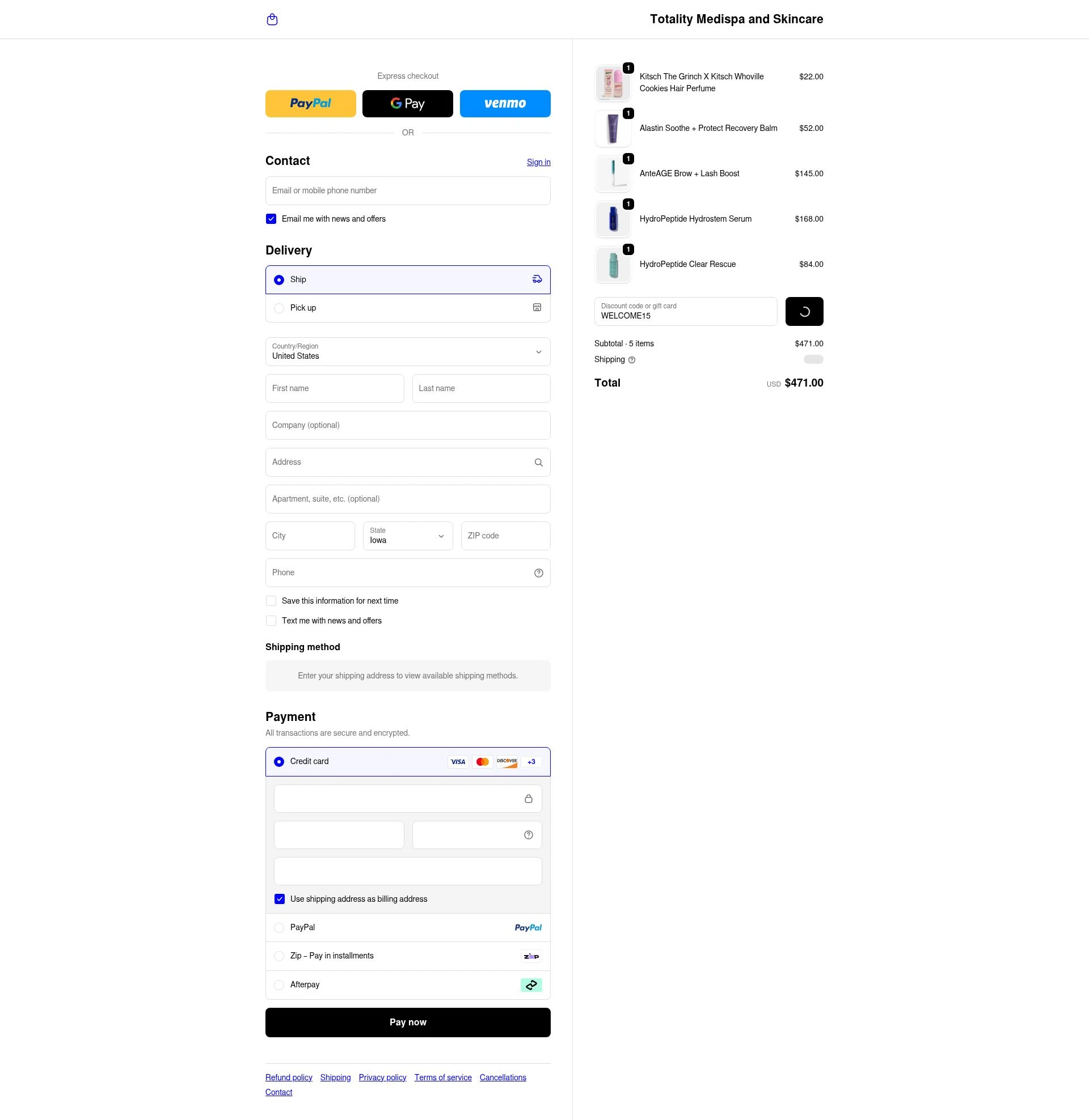 Totality Skin Care checkout page showing Totality Skin Care promo code box | Screenshot taken by SimplyCodes community member on Jan 8, 2026