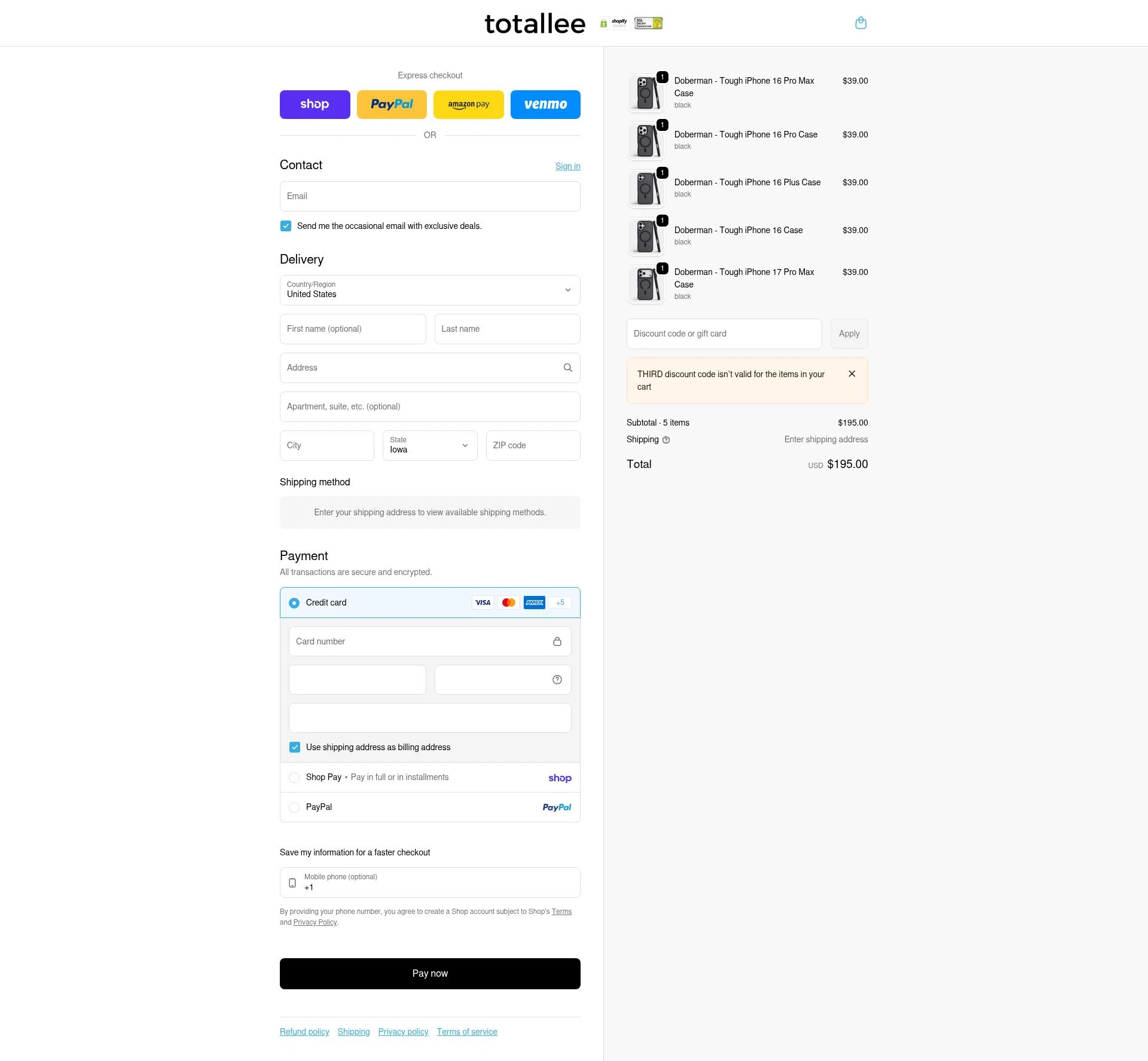Totallee checkout page showing Totallee promo code box | Screenshot taken by SimplyCodes community member on Feb 11, 2026