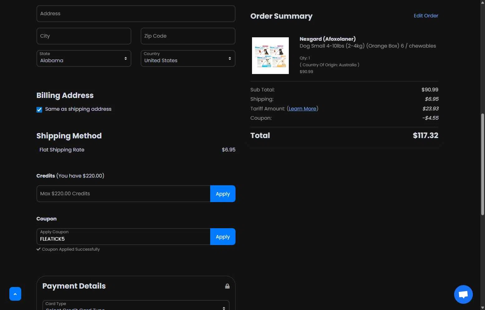 Total Pet Supply checkout page showing Total Pet Supply promo code box | Screenshot taken by SimplyCodes community member on Jan 10, 2026